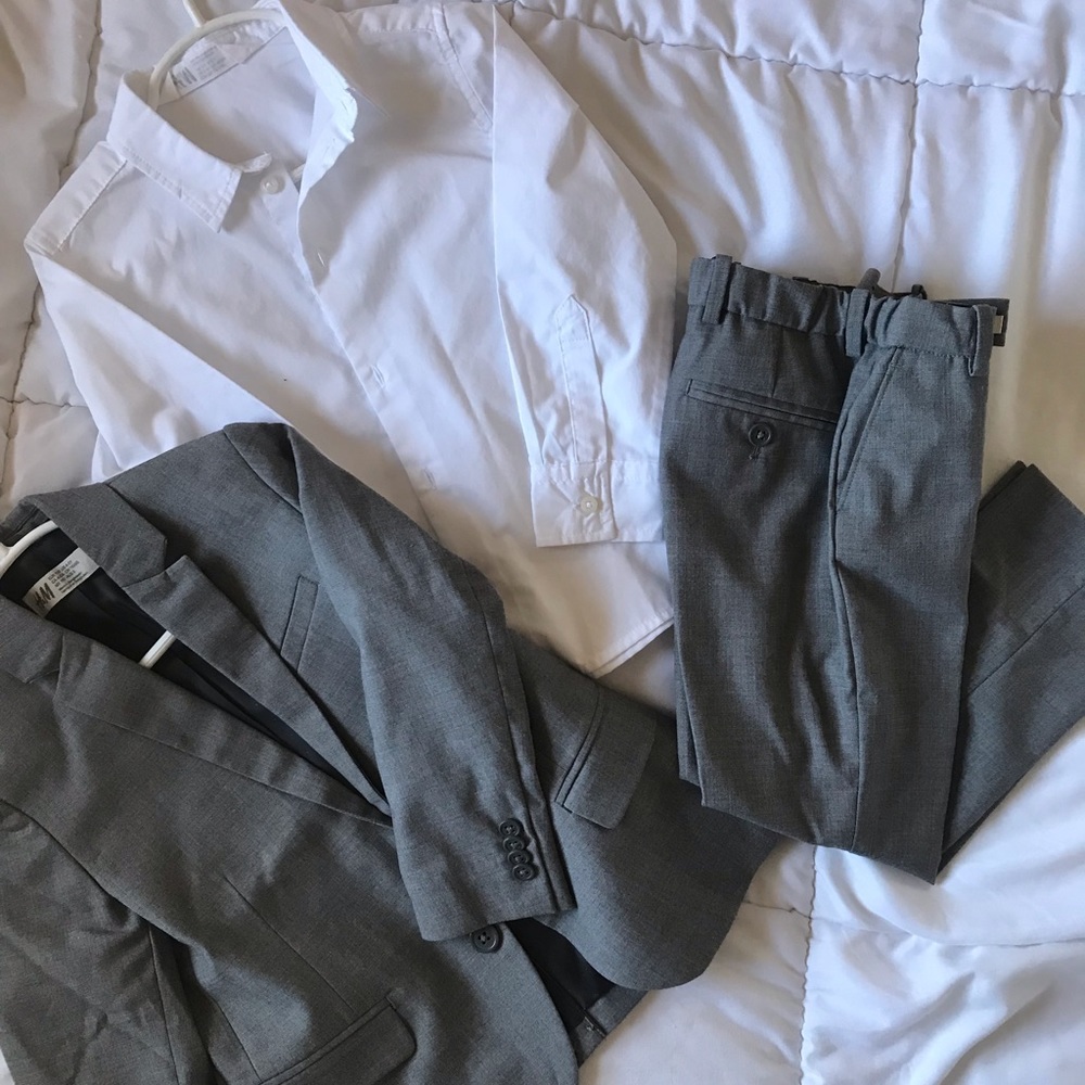 Toddler boys grey suit and white button down shirt